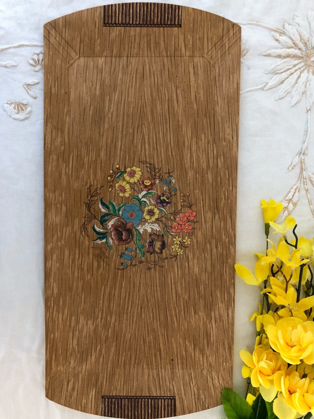 Vintage 1940’s Hasko Delicate Floral Design Wood Serving Tray